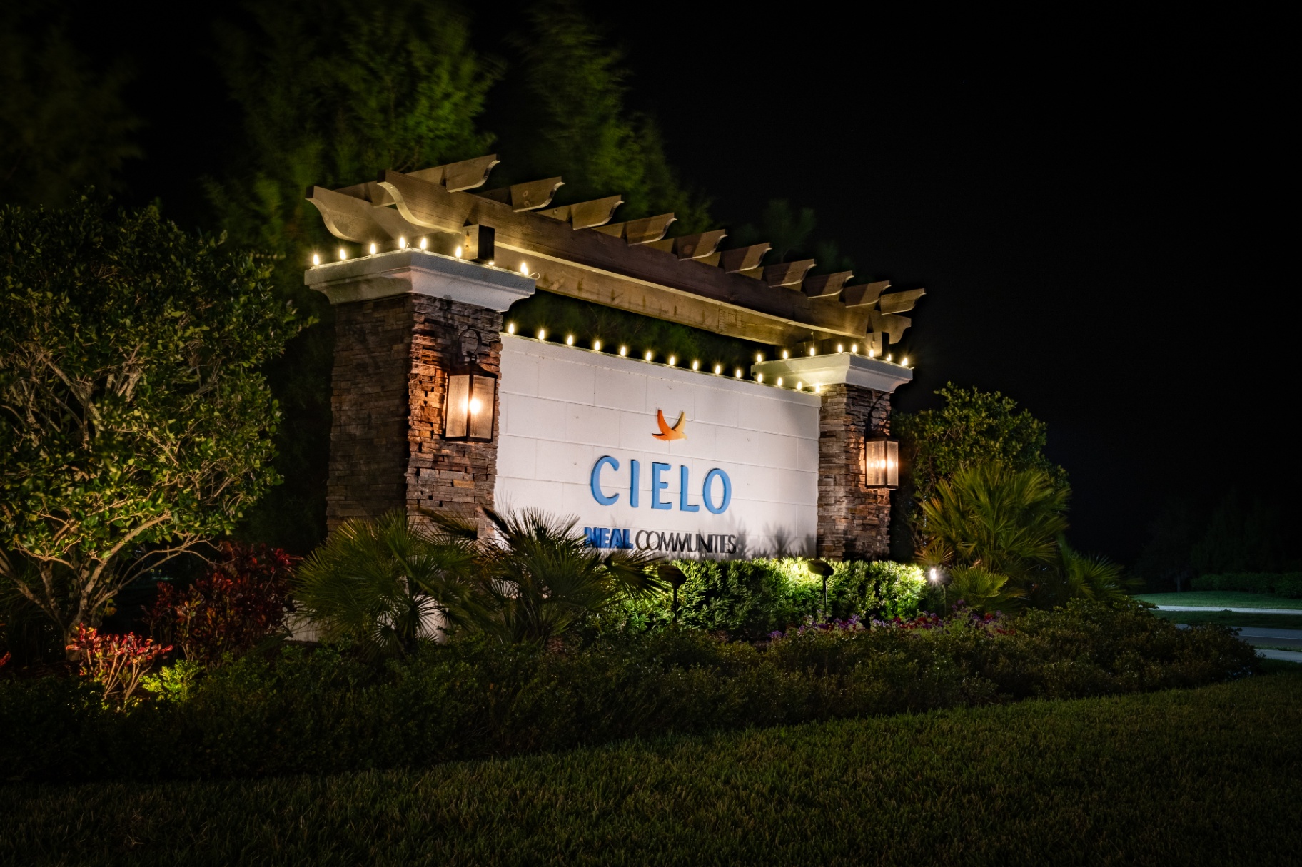 Outdoor lighting installation at dusk